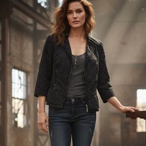 White House Black Market | Eyelet Zip Front Blazer Jacket - Rhinestone Accents